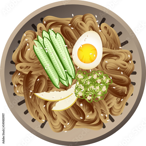 Korean noodles dish. Milmyeon plate top view