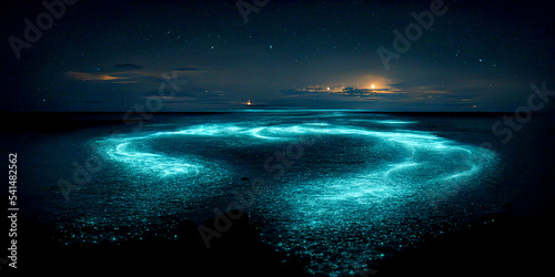 Bioluminescence. Bio luminescent ocean. Bioluminescent plankton in the sea photo