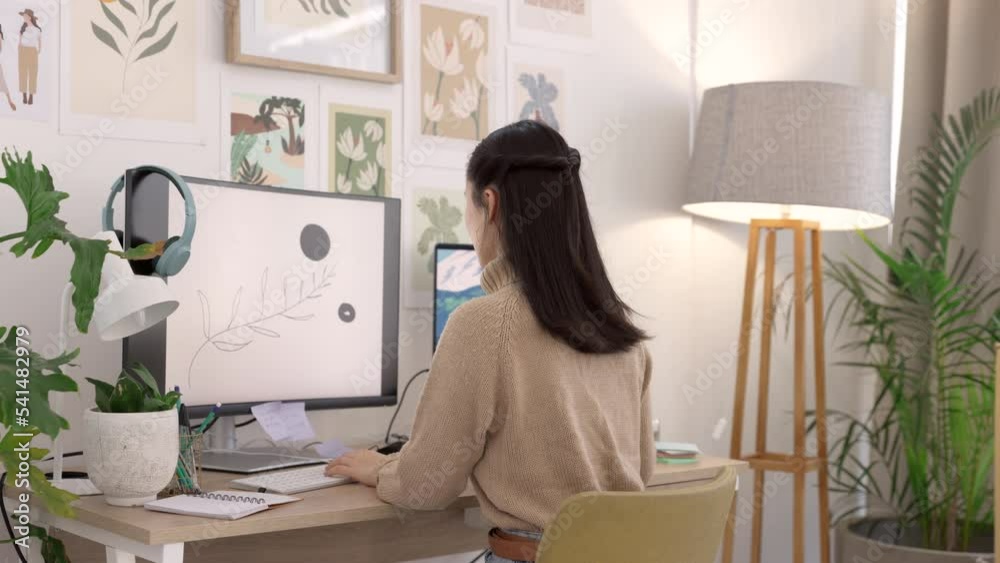 Woman, computer and graphic designer in digital web logo design studio or office at home. Entrepreneur female tech drawing, illustrator and abstract nft art ui or ux creative branding developer on pc Woman, computer and graphic designer in digital web logo design studio or office at home. Entrepreneur female tech drawing, illustrator and abstract nft art ui or ux creative branding developer on pc