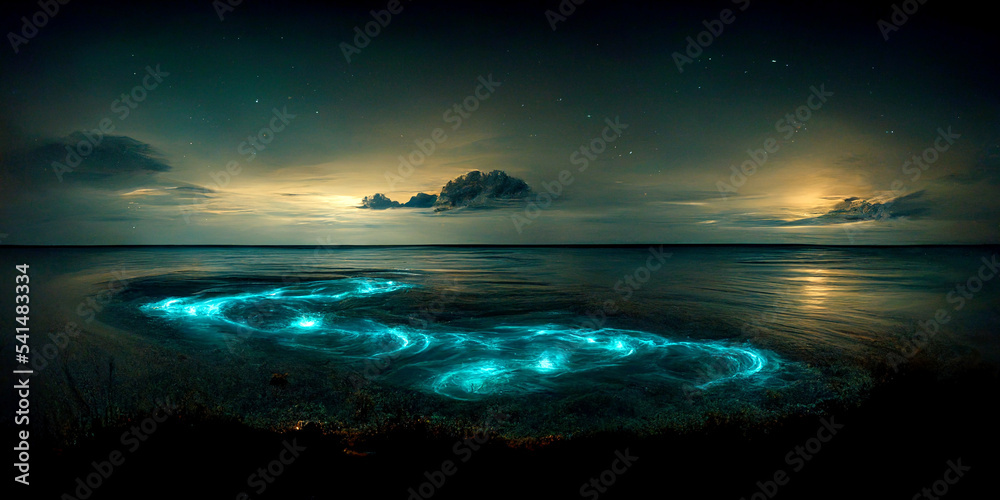 Fototapeta premium Bioluminescence. Bio luminescent ocean. Bioluminescent plankton in the sea