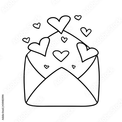 Monochrome Romantic open envelope with hearts, a letter for a declaration of love, vector cartoon
