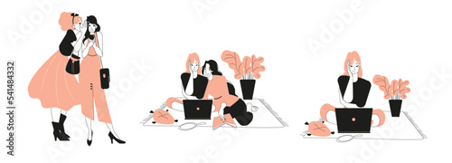 Set of communication between girlfriends. Two girlfriends gossip. Two girls girlfriends sit on the carpet and look at the laptop.