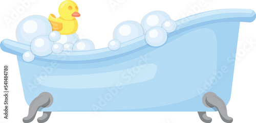 Bathtub full of water with rubber duck. Bathroom cartoon icon