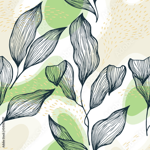 Sketch style doodle line texture leaves over stains and dots seamless vector pattern organic design.