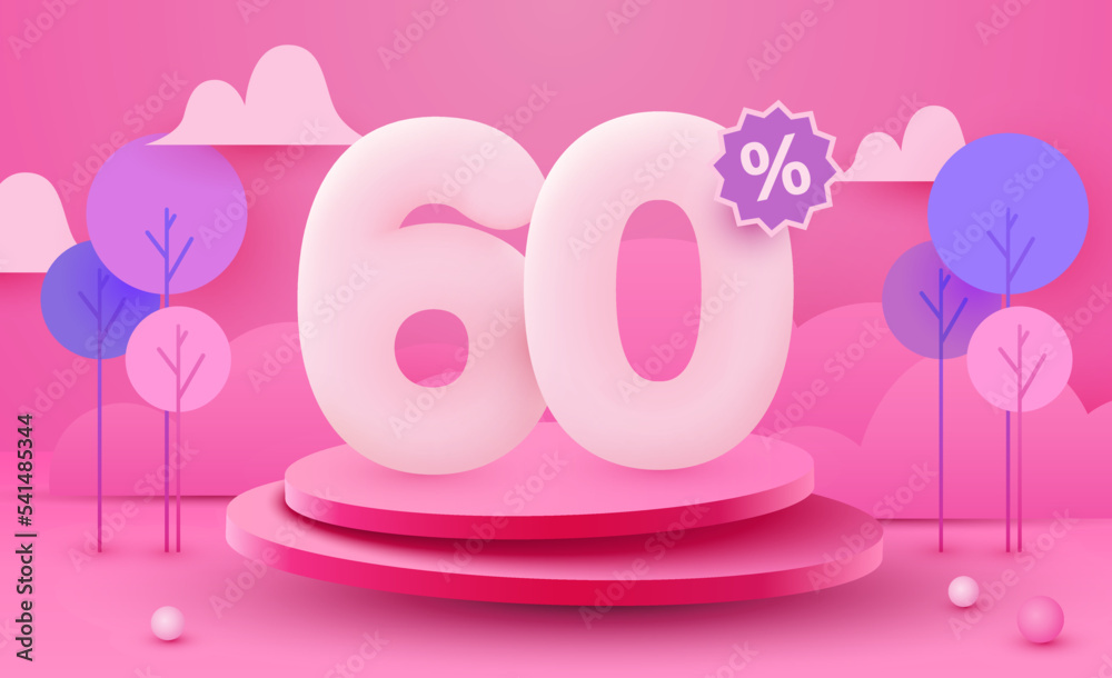 60 percent Off. Discount creative composition. 3d sale symbol with decorative objects and podium. Sale banner and poster.