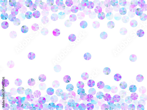 Holographic paillettes confetti scatter vector background. Bright flickering sequin particles party decor flatlay. Christmas confetti placer glossy background.
