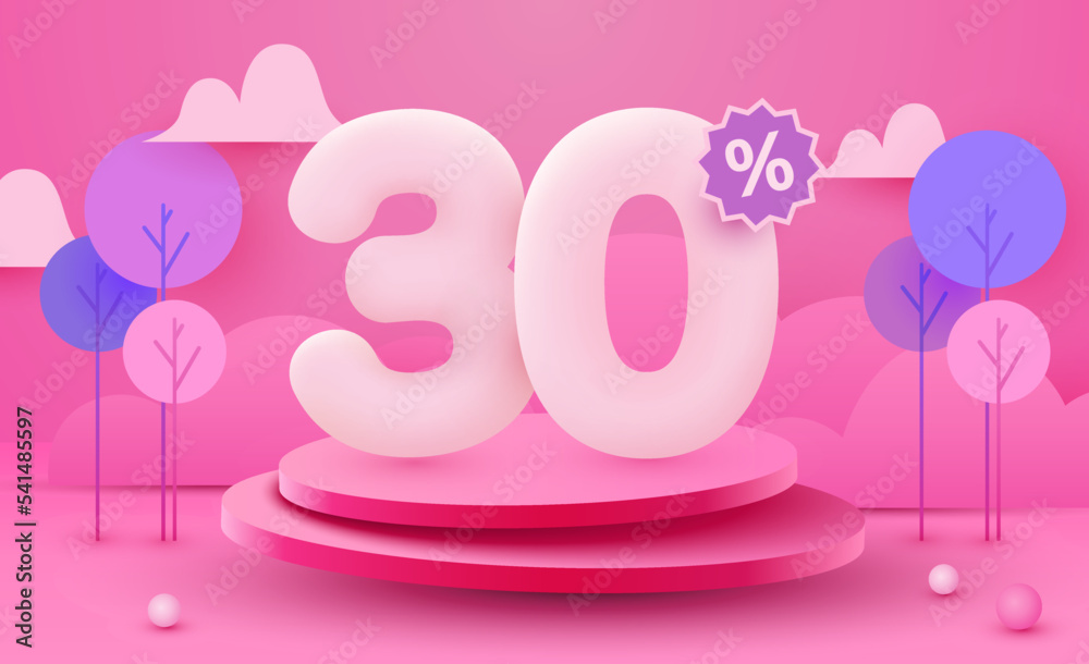 30 percent Off. Discount creative composition. 3d sale symbol with decorative objects and podium. Sale banner and poster. 30 percent Off. Discount creative composition. 3d sale symbol with decorative objects and podium. Sale banner and poster.
