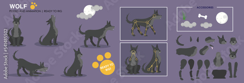 Spooky halloween wolf character vector ready to rig for animation. Wolf howling at the moon with a range of poses and assets to create your own. Rig ready wolf.