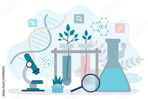 Biotechnology, grow new kind of plant. Science experiments on plants, fertilizers in laboratory. Genetic engineering. Various flasks, test tubes and items for experiments and research.