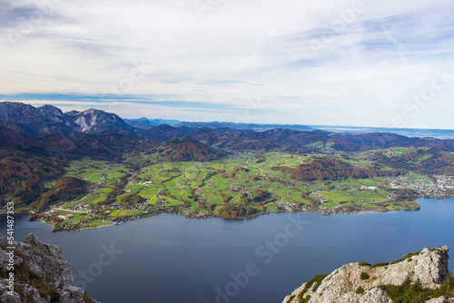 Lake Traunsee and Alps seen from Traunstein  Upper Austria  Austria