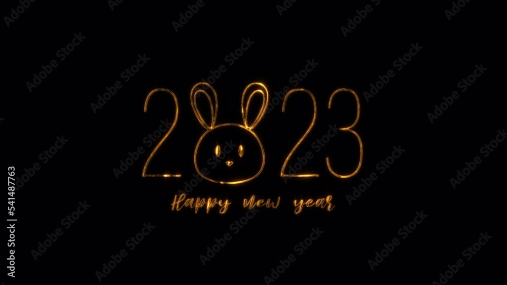 Abstract gold glittering text animation 2023 Happy New Year with rabbit face on black background . Isolated transparent video animation text with alpha channel using Quicktime Apply prores 444 Abstract gold glittering text animation 2023 Happy New Year with rabbit face on black background . Isolated transparent video animation text with alpha channel using Quicktime Apply prores 444