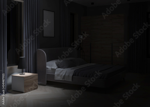 Interior of a cozy bedroom in modern design. Night. Evening lighting. 3D rendering.