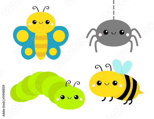 Cute butterfly, caterpillar, spider, bee bumblebee catapillar honeybee. Insect set line. Cartoon funny kawaii baby animal character. Sticker print. Flat design. White background. Isolated.