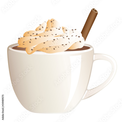 A pumpkin spice latte in a mug with cinnamon stick detail
