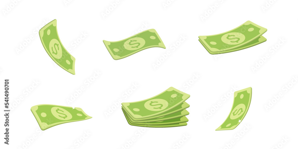 Set of 3d vector cartoon plastic render green dollar paper banknote in different positions, bunch, stack icon design - obrazy, fototapety, plakaty 