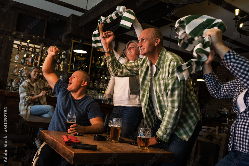 Senior football and soccer fans drinking beer at the pub, cheering and celebrating scores.	
