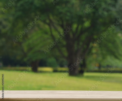 soft light fresh green tree garden and beige wooden table top floor blurred bokeh natural relax spring park background with empty copy space. organic healthy product promotion display design.