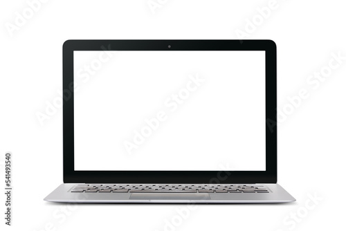 slim modern silver colored laptop with blank screen, isolated, front view with subtle shadow