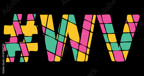 WV Hashtag. Tricolor isolated letters from contrast flowing fluid shapes. 3 colored Hashtag #WV is abbreviation for the US American state West Virginia for social network, web resources, mobile app