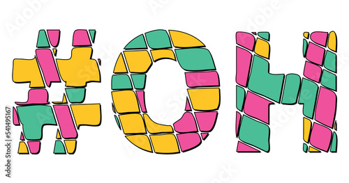 OH Hashtag. Tricolor isolated letters from contrast flowing fluid shapes. 3 colored Hashtag #OH is abbreviation for the US American state Ohio for social network, web resources, mobile app