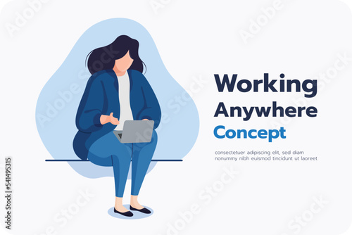Plump woman working on laptop, home office concept, The girl works at a laptop