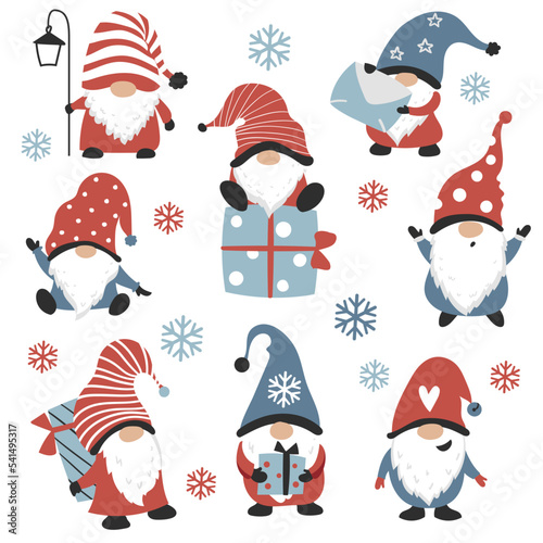 Christmas gnome set. Perfect for Holiday decor,  greeting card, sticker kit. Vector illustration.