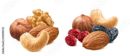 Cranberry, raisin, hazelnut, almond, walnut and cashew nut set isolated on white background