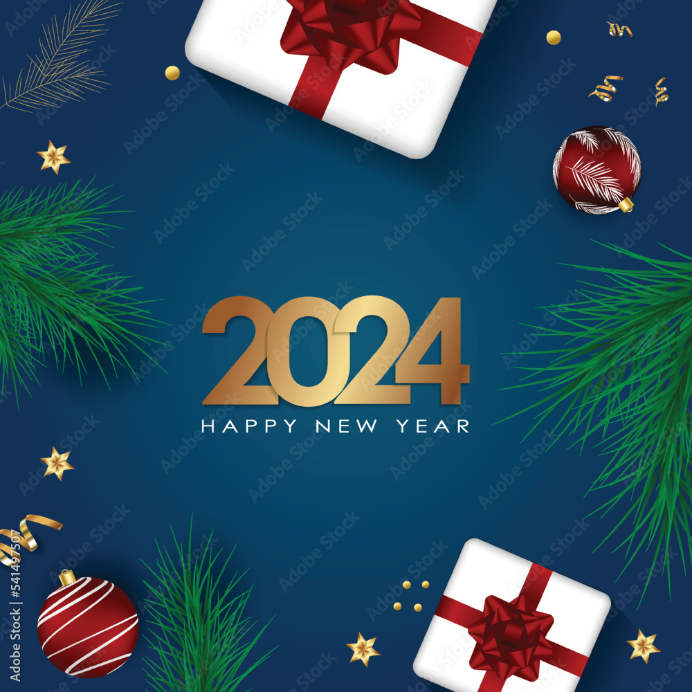 Happy New Year 2024 Elegant gold text with balloons and confetti ...