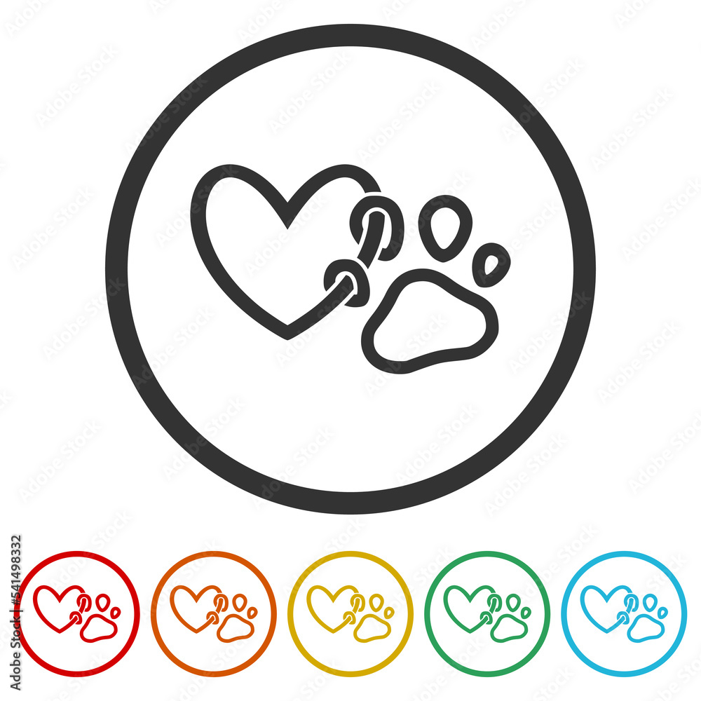 Paw print with a heart icon. Set icons in color circle buttons Paw print with a heart icon. Set icons in color circle buttons