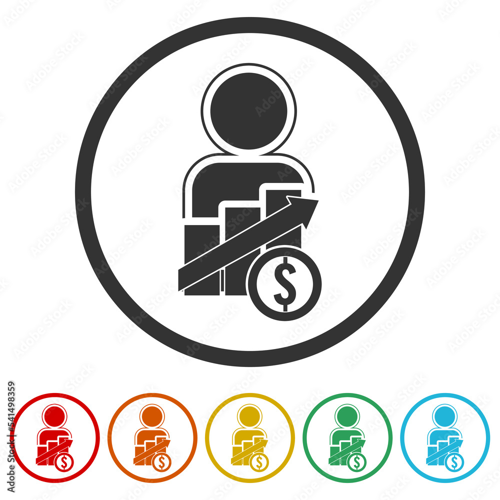 Salary increase icon. Set icons in color circle buttons