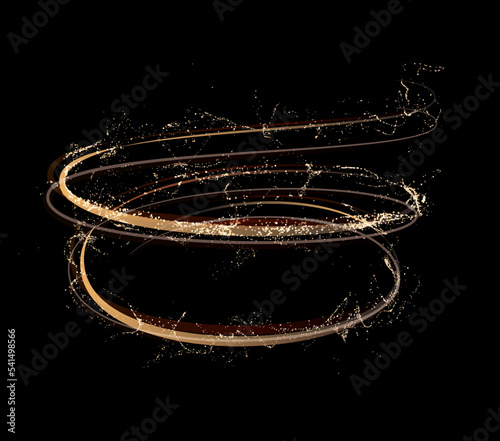 Golden shiny spiral line effect with magic dust particles effect flying around. Vector eps background.