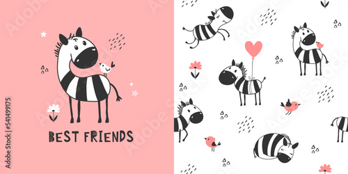 Сhildish pattern with cute zebra, kids print. Animal seamless background, cute vector texture for baby bedding, fabric, wallpaper, wrapping paper, textile, t-shirt