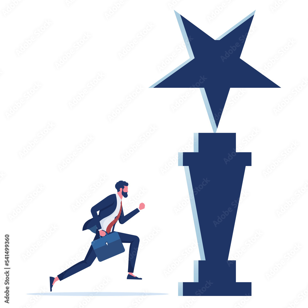 Businessman running to trophy exit door. Concept of career start up and business solution. Businessman running to trophy exit door. Concept of career start up and business solution.