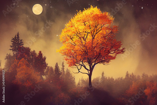 Beautiful autumn fantasy - maple tree in fall season and full moon with milky way star in night skies background. Retro style artwork with vintage color tone. illustration