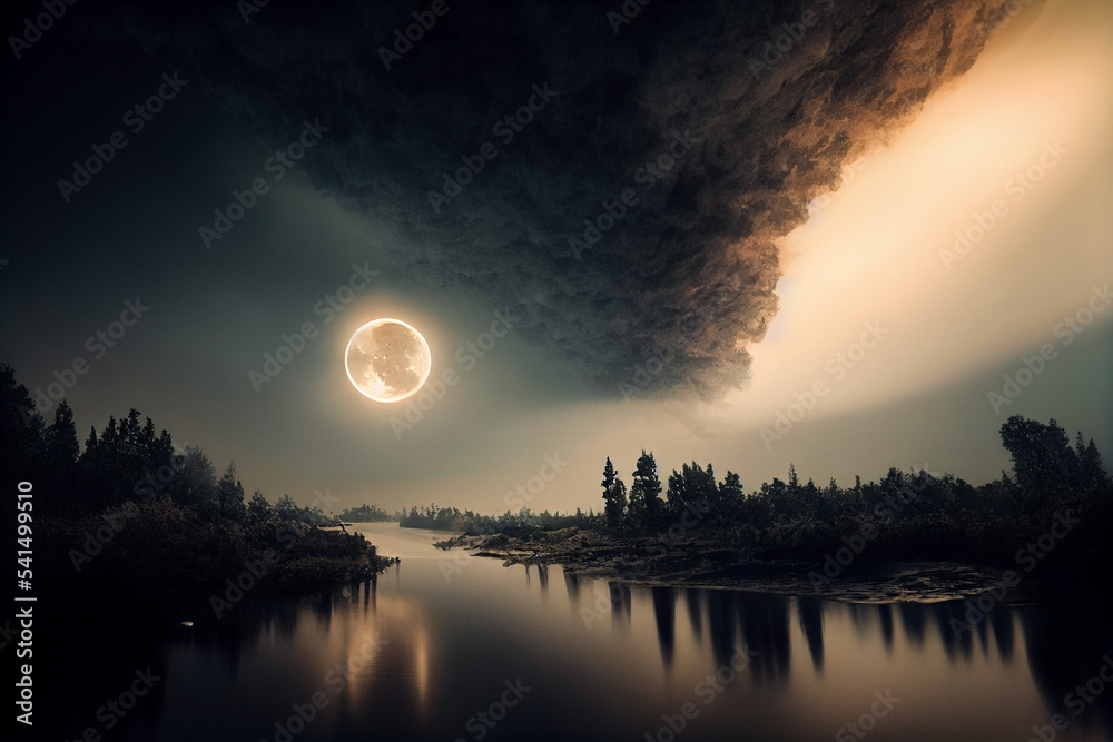 Dramatic dark background. Reflection of light on the water. Smoke Fog, rays, the moon. empty night scene. illustration Dramatic dark background. Reflection of light on the water. Smoke Fog, rays, the moon. empty night scene. illustration