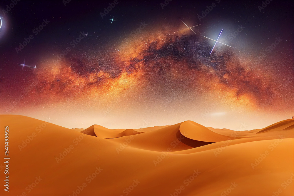 Milky Way and Orange light on desert sand dunes,Night colourful landscape with Starry sky,Beautiful Universe with Space background of galaxy. illustration Milky Way and Orange light on desert sand dunes,Night colourful landscape with Starry sky,Beautiful Universe with Space background of galaxy. illustration