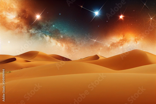 Milky Way and Orange light on desert sand dunes,Night colourful landscape with Starry sky,Beautiful Universe with Space background of galaxy. illustration