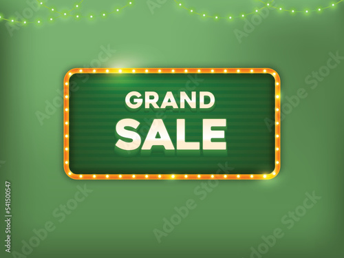 Marquee lightbox with hanging light on dark green background for sale banner design. Grand sale banner concept.