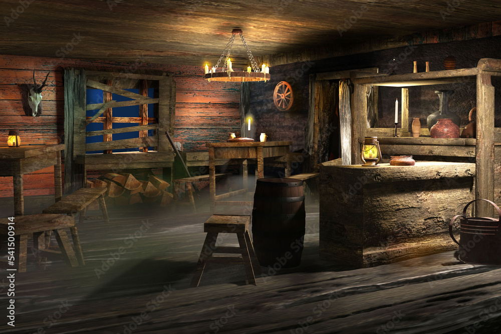 Medieval tavern bar inn. Interior of old ancient restaurant. 3D render illustration.