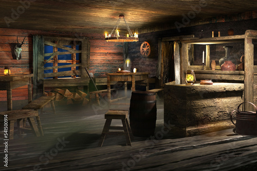 Medieval tavern bar inn. Interior of old ancient restaurant. 3D render illustration.