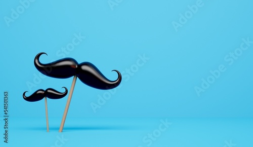 Mustache facial hair on a wooden stick against a blue background. 3D Rendering