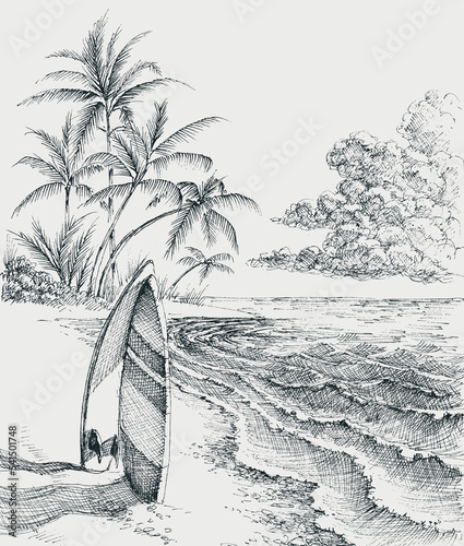 Surfboard on the beach, sea and palm trees in the background
