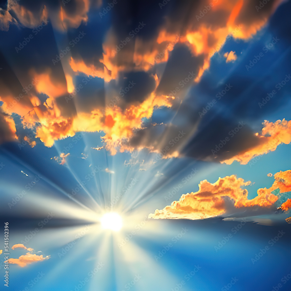 Beautiful sky with clouds and sunrays illustration