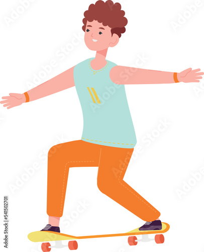 Happy boy on skateboard. Teenager riding street board