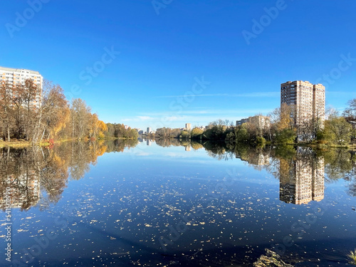  Pekhorka River in autumn in sunny day. Russia, Moscow region, Balashikha city photo