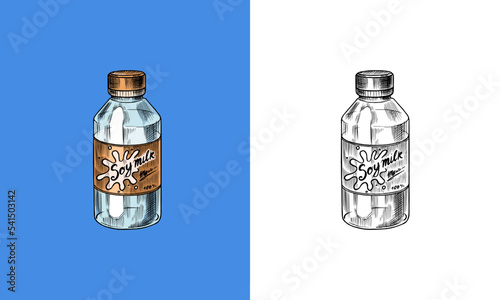 Soy milk sketch in a glass bottle. Detailed vegetarian food and leaves drawing. Hand drawn illustration for menu, label, icon or poster.