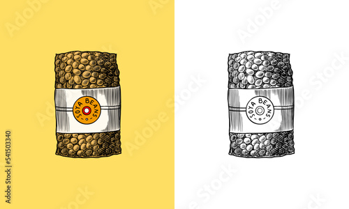 Soy milk in the package. Detailed vegetarian food sketch. Hand drawn illustration for menu, label, icon or poster.