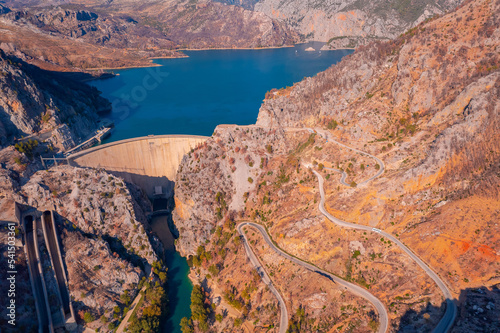 Dam Oymapinar mountain lake water reservoir aerial top view. Green Canyon Turkey, Manavgat photo