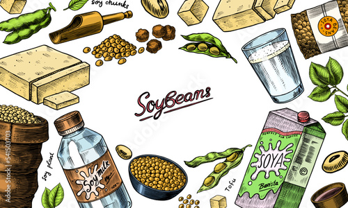 Soya beans. Milk and tofu. Soybean sketch. Pod on plant. Nuts and seeds in sack. Detailed vegetarian food and leaves drawing. hand drawn illustration for menu, label, icon or poster.