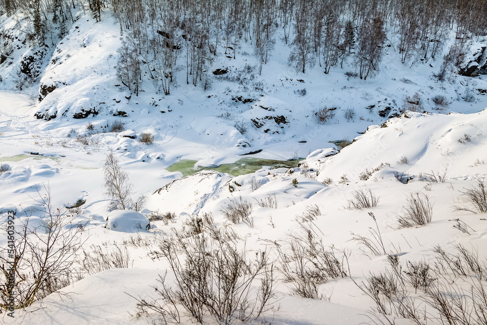 Winter landscape with a fast river with ice-free water, snow, dry grass and rocky shores Winter landscape with a fast river with ice-free water, snow, dry grass and rocky shores